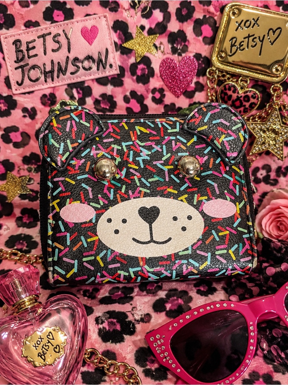 Betsey Johnson Black Sprinkles Bear Crossbody with Pink Accents